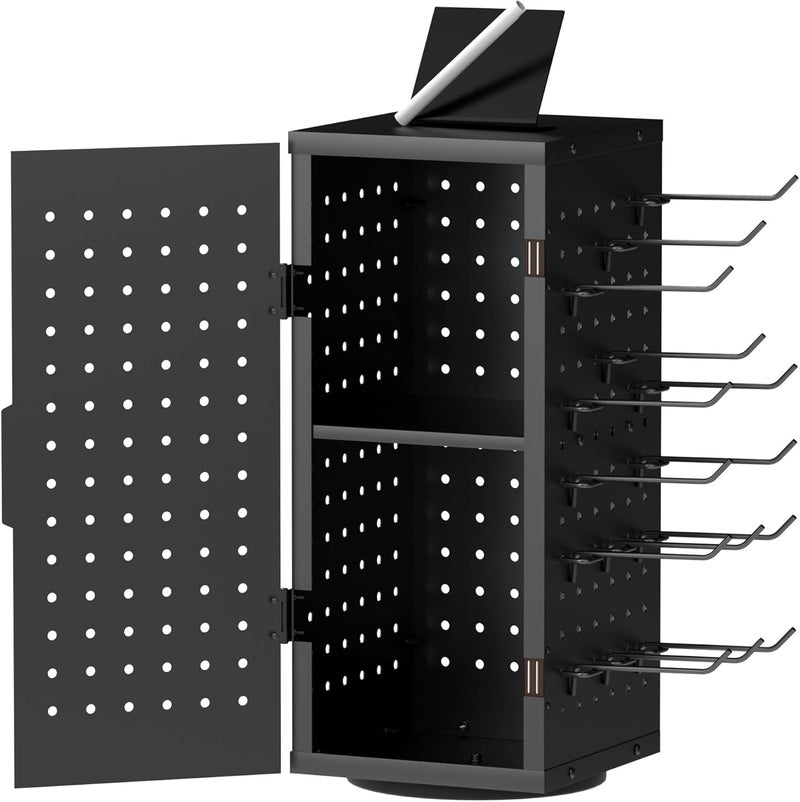 Alyoen Rotating Pegboard Display Stand with 24 Hooks - Metal Spinning Peg Board Organizer Accessories with Magnetic Door Design, Magnet Display Stand for Keychain, Jewelry, Earring（Black） - Image 1